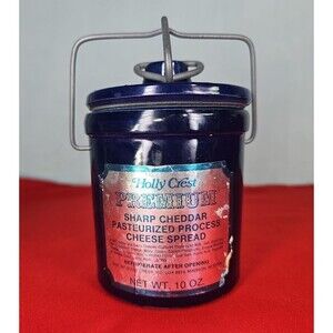 Cheese Butter Crock Jar Cobalt Blue Farmhouse VTG Wire Bail Lid Holly Crest